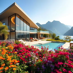 The most beautiful house in the world, showcasing stunning architecture with large glass windows, surrounded by lush, vibrant gardens filled with colorful flowers