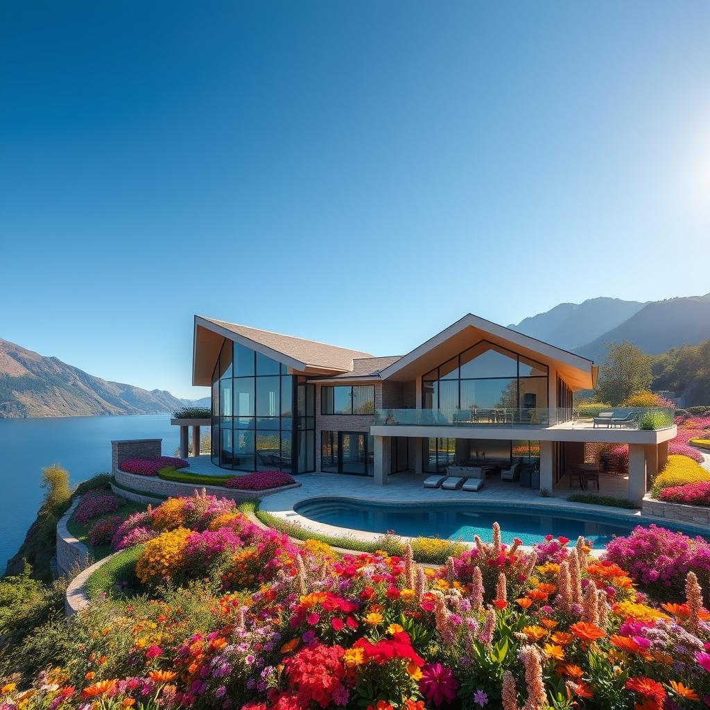 The most beautiful house in the world, showcasing stunning architecture with large glass windows, surrounded by lush, vibrant gardens filled with colorful flowers