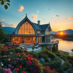 The most beautiful house in the world, showcasing exquisite architectural design with elegant curves and intricate details, surrounded by lush green gardens filled with vibrant flowers