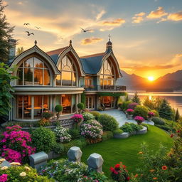 The most beautiful house in the world, showcasing exquisite architectural design with elegant curves and intricate details, surrounded by lush green gardens filled with vibrant flowers