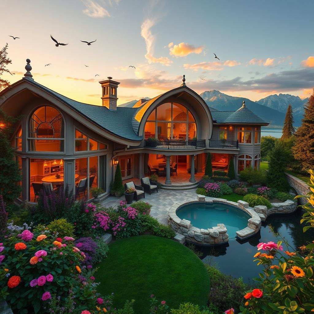 The most beautiful house in the world, showcasing exquisite architectural design with elegant curves and intricate details, surrounded by lush green gardens filled with vibrant flowers
