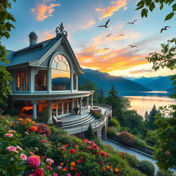 The most beautiful house in the world, showcasing exquisite architectural design with elegant curves and intricate details, surrounded by lush green gardens filled with vibrant flowers