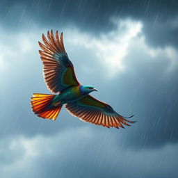 A majestic bird soaring gracefully in a rainy sky