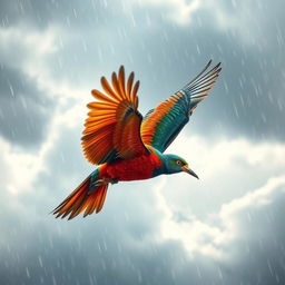 A majestic bird soaring gracefully in a rainy sky