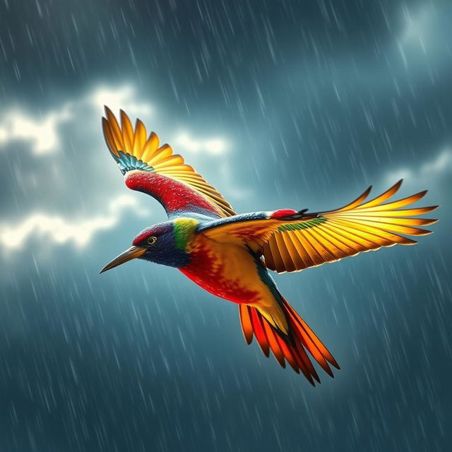 A majestic bird soaring gracefully in a rainy sky