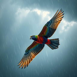 A majestic bird soaring gracefully in a rainy sky