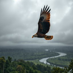 A serene landscape featuring an eagle soaring gracefully in a cloudy, rainy sky