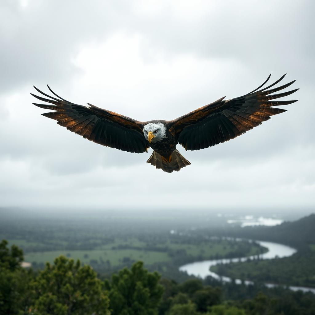 A serene landscape featuring an eagle soaring gracefully in a cloudy, rainy sky