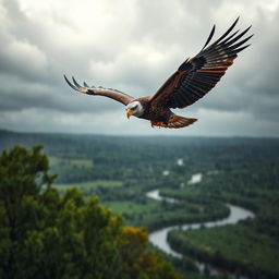 A serene landscape featuring an eagle soaring gracefully in a cloudy, rainy sky
