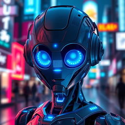 A stunning digital artwork for a profile picture featuring a futuristic robotic character with intricate metallic details, glowing blue LED lights, and a sleek, modern design