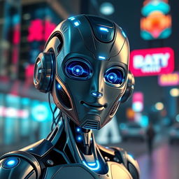A stunning digital artwork for a profile picture featuring a futuristic robotic character with intricate metallic details, glowing blue LED lights, and a sleek, modern design
