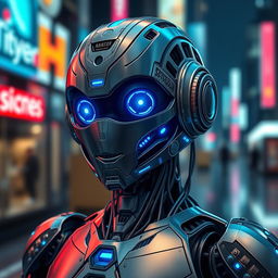 A stunning digital artwork for a profile picture featuring a futuristic robotic character with intricate metallic details, glowing blue LED lights, and a sleek, modern design