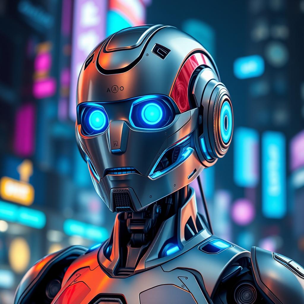 A stunning digital artwork for a profile picture featuring a futuristic robotic character with intricate metallic details, glowing blue LED lights, and a sleek, modern design