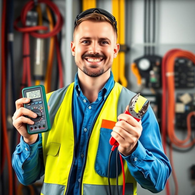 A social media profile picture for an electrician, featuring a confident, smiling man wearing a blue work shirt and a reflective safety vest, holding a digital multimeter in one hand and a pair of wire cutters in the other