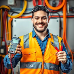 A social media profile picture for an electrician, featuring a confident, smiling man wearing a blue work shirt and a reflective safety vest, holding a digital multimeter in one hand and a pair of wire cutters in the other