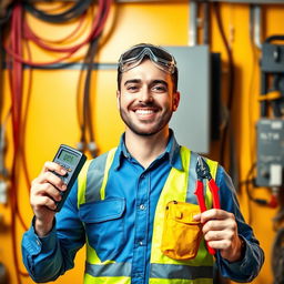 A social media profile picture for an electrician, featuring a confident, smiling man wearing a blue work shirt and a reflective safety vest, holding a digital multimeter in one hand and a pair of wire cutters in the other