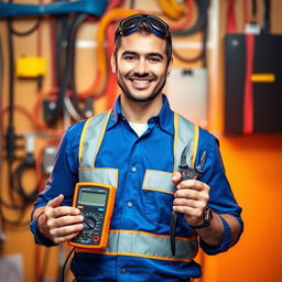 A social media profile picture for an electrician, featuring a confident, smiling man wearing a blue work shirt and a reflective safety vest, holding a digital multimeter in one hand and a pair of wire cutters in the other