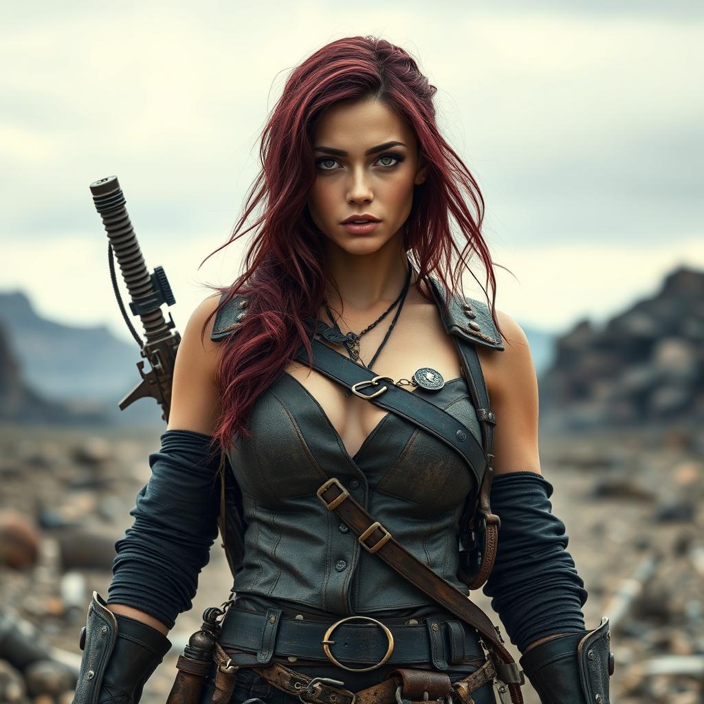 Lee, a mixed-race female raider with rich burgundy-colored hair, stands resolutely in a post-apocalyptic environment