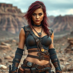 Lee, a mixed-race female raider with rich burgundy-colored hair, stands resolutely in a post-apocalyptic environment