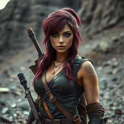 Lee, a mixed-race female raider with rich burgundy-colored hair, stands resolutely in a post-apocalyptic environment