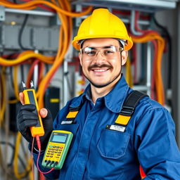 A profile picture for an electrician featuring a confident and skilled electrician in a detailed work uniform