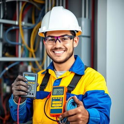 A profile picture for an electrician featuring a confident and skilled electrician in a detailed work uniform