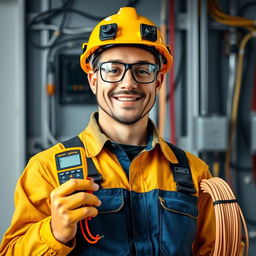 A profile picture for an electrician featuring a confident and skilled electrician in a detailed work uniform