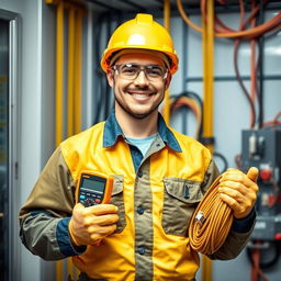 A profile picture for an electrician featuring a confident and skilled electrician in a detailed work uniform