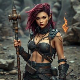 Lee, a mixed-race female raider with striking burgundy-colored hair, stands confidently in a desolate post-apocalyptic setting