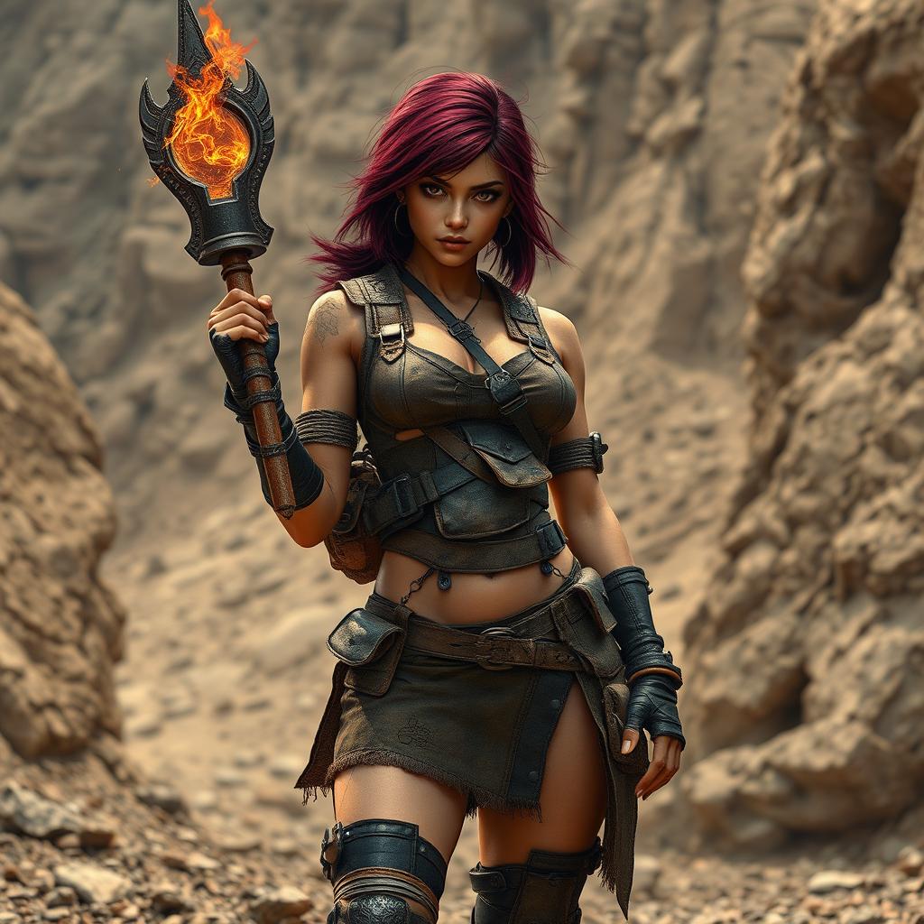 Lee, a mixed-race female raider with striking burgundy-colored hair, stands confidently in a desolate post-apocalyptic setting