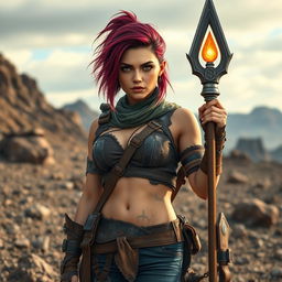 Lee, a mixed-race female raider with striking burgundy-colored hair, stands confidently in a desolate post-apocalyptic setting