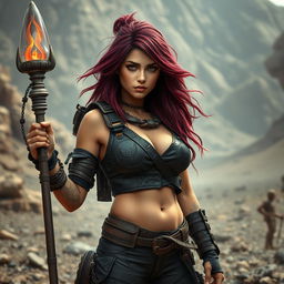 Lee, a mixed-race female raider with striking burgundy-colored hair, stands confidently in a desolate post-apocalyptic setting