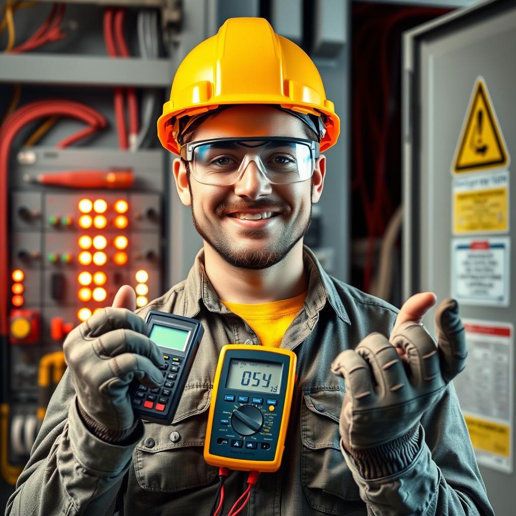 A dynamic and vibrant portrait of an electrical technician, showcasing them wearing a hard hat and safety goggles