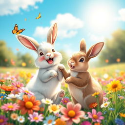 A joyful rabbit happily playing with another rabbit in a vibrant, colorful meadow filled with flowers
