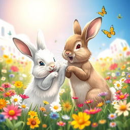 A joyful rabbit happily playing with another rabbit in a vibrant, colorful meadow filled with flowers