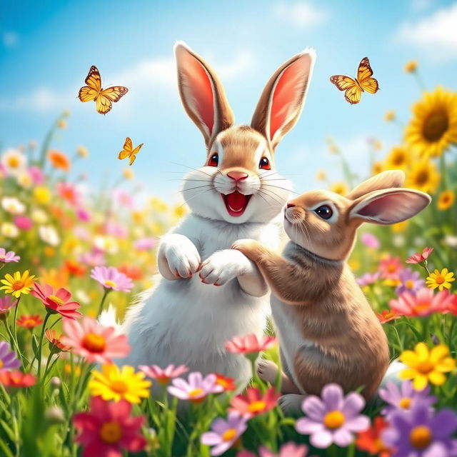 A joyful rabbit happily playing with another rabbit in a vibrant, colorful meadow filled with flowers