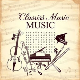 A captivating book cover design for a book titled 'Classical Music Word Search'