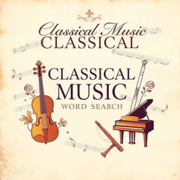 A captivating book cover design for a book titled 'Classical Music Word Search'