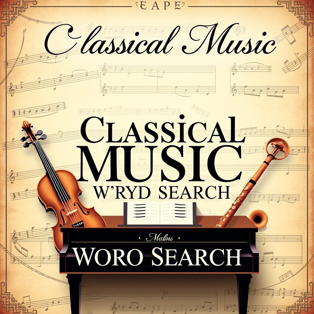 A captivating book cover design for a book titled 'Classical Music Word Search'