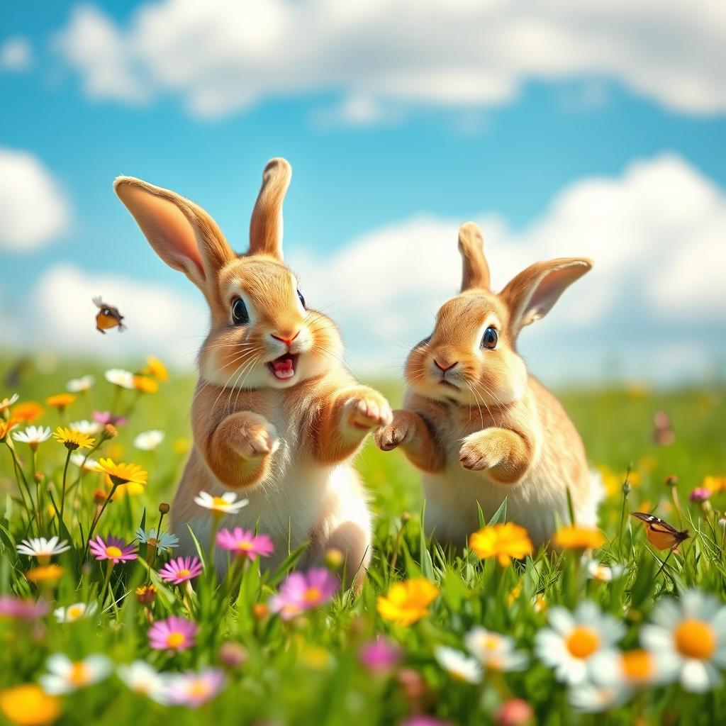 A joyful rabbit playing happily with another rabbit in a sunny meadow