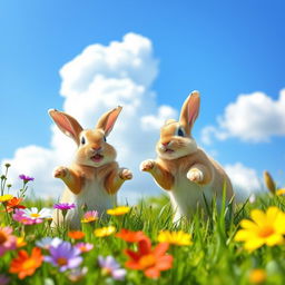 A joyful rabbit playing happily with another rabbit in a sunny meadow