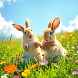 A joyful rabbit playing happily with another rabbit in a sunny meadow