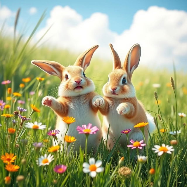 A joyful rabbit playing happily with another rabbit in a sunny meadow