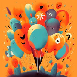 A vibrant illustration depicting the concept of happiness. Include vibrant colors, joyful expressions on people's faces and symbols associated with happiness like a sunny day, blooming flowers, and balloons.