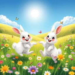 A delightful scene featuring two happy white rabbits in a lush green meadow