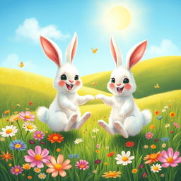 A delightful scene featuring two happy white rabbits in a lush green meadow