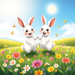 A delightful scene featuring two happy white rabbits in a lush green meadow