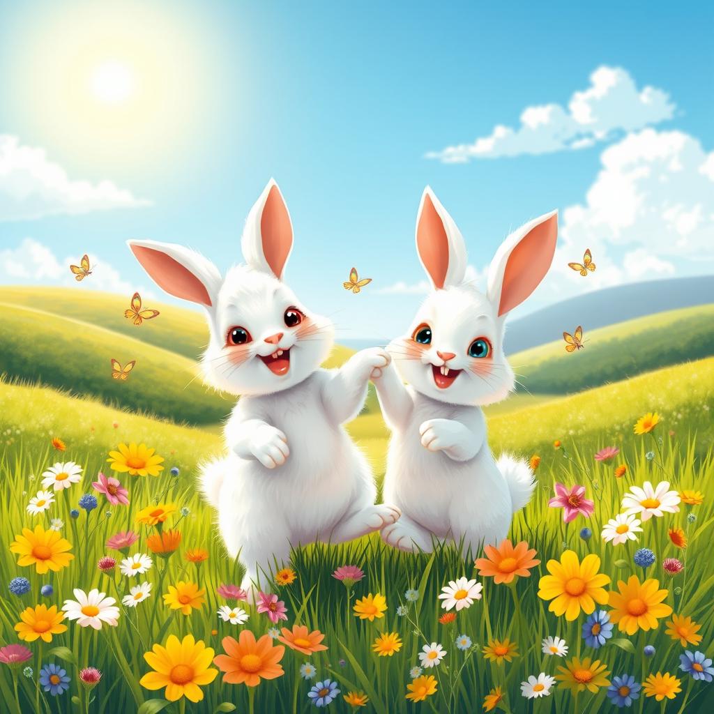 A delightful scene featuring two happy white rabbits in a lush green meadow