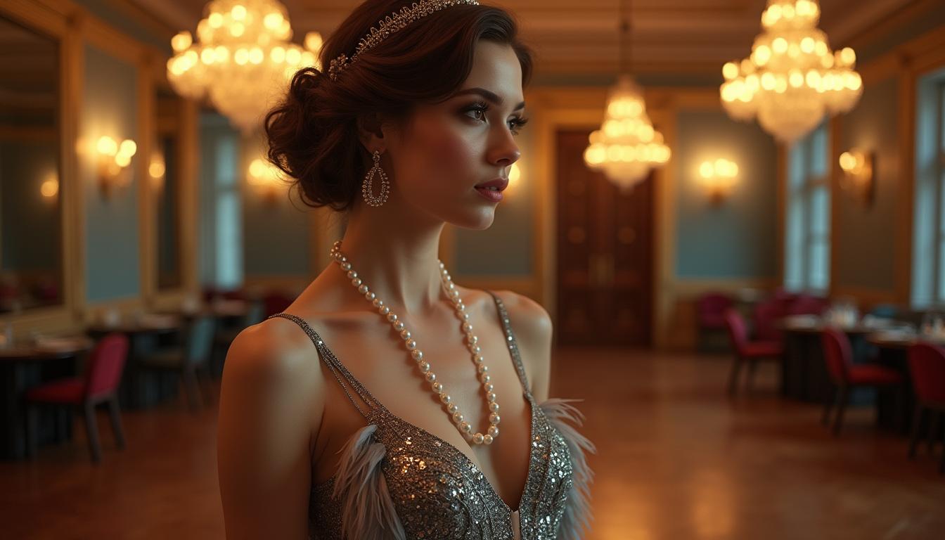 A beautifully detailed portrait of an elegant woman in a luxurious environment, dressed in a vintage 1920s flapper dress adorned with sequins and feathers