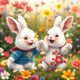 A joyful scene featuring two cute white rabbits playing together